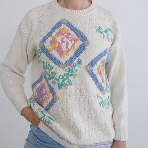 Vintage Cream Textured Knit w Pink Floral Crew neck Sweater Medium